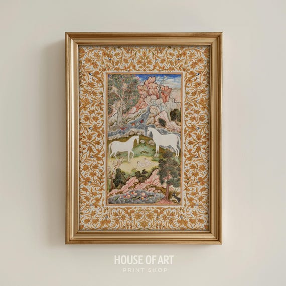 Antique Persian Wall Art, Gold Mughal Art Print, Traditional Miniature Painting, Vintage Pakistani Indian Poster, Pakistan Wall Decor Gift