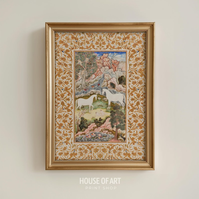 May include: Framed artwork featuring two white horses in a landscape with trees, mountains, and a pond. The artwork is in a gold frame with an ornate floral pattern. The text "HOUSE OF ART PRINT SHOP" is at the bottom.