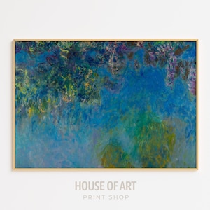 Claude Monet Print Wisteria, Monet Exhibition Poster Impressionism Landscape Painting, Famous Blue Wall Decor Horizontal Abstract French Art