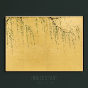 May include: A painting of a willow tree branch with green leaves hanging over a gold background. The leaves are delicate and flowing, creating a sense of movement and tranquility.