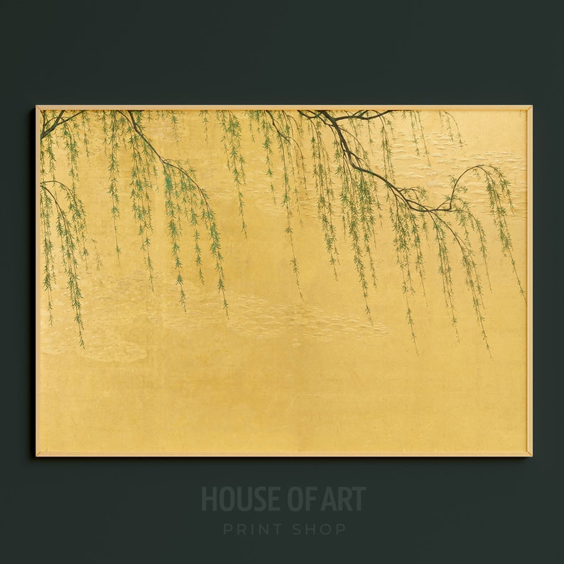 May include: A painting of a willow tree branch with green leaves hanging over a gold background. The leaves are delicate and flowing, creating a sense of movement and tranquility.