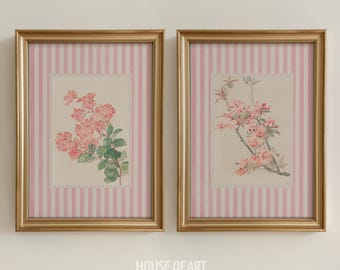 Hydrangea Prints, Nancy Meyers Aesthetic Striped Art Set, Vintage Floral Poster, Country Cottagecore Wall Art, Preppy Pink Coquette Decor