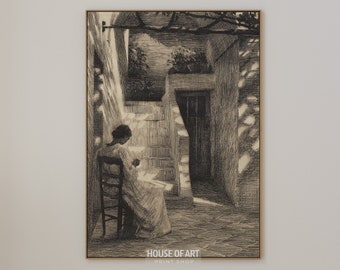 Woman Reading Poster Vintage Reading Nook Decor, Bookish Art Print Reading Wall Art, Book Lover Gift for Reader Black & White Summer Artwork