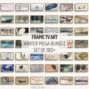 May include: A collage of 25 framed winter landscape paintings. The paintings feature snowy scenes with trees, rivers, mountains, and birds. The text "FRAME TV ART WINTER MEGA BUNDLE SET OF 180+" is displayed in the centre of the collage. The text "HOUSE OF ART PRINT SHOP" is displayed at the bottom of the collage.