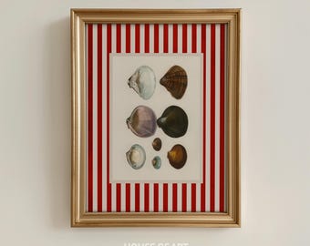 Oyster Print, Nancy Meyers Inspired Striped Art, Antique Mollusk Shells Poster, Fisherman Aesthetic Wall Art digital, Coastal Cowgirl Decor