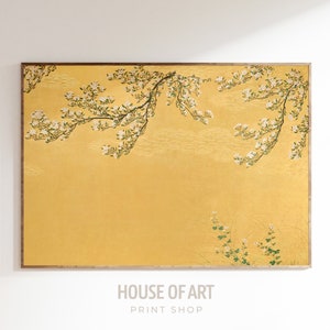 桜の絵画、日本の壁画、シノワズリアート、金色の桜の背景、アンティークな花柄、マキシマリストな室内装飾