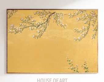 Cherry Blossom Painting, Japanese Wall Art, Chinoiserie Art, Sakura Blossom Gold Background, Antique Floral Print, Maximalist Home Decor