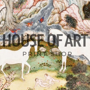 May include: A detailed print featuring two white horses in a lush landscape with a river and mountains. The artwork includes figures and birds, with the text "HOUSE OF ART PRINT SHOP" overlaid on the image.