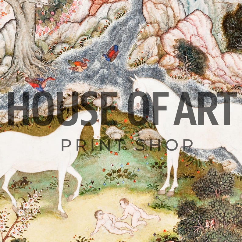 May include: A detailed print featuring two white horses in a lush landscape with a river and mountains. The artwork includes figures and birds, with the text "HOUSE OF ART PRINT SHOP" overlaid on the image.