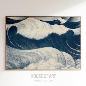 Crashing Wave Print, Vintage Ozean Wandkunst, Meer Poster, Wasser Lithographie Kunstwerk, Seelandschaft Zeichnung Blaue Wellen Skizze, Küstenmalerei