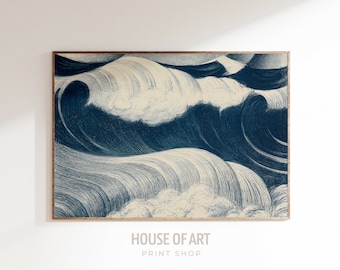 Crashing Wave Print, Surf Poster, Vintage Ocean Wall Art, Sea Poster, Water Lithography Artwork, Blue Waves Seascape Painting, Coastal Decor