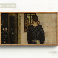 מסגרת סמסונג טלוויזיה אמנות 4K, ילדה וינטג 'בציור שמן דיגיטלי בקימונו, יצירות אמנות קלאסיות חולמניות, אישה צעירה לובשת השתקפות מראה עגיל