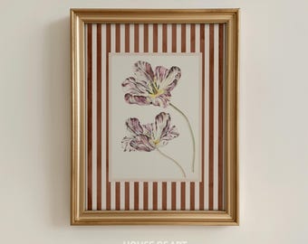 Tulip Painting, Nancy Meyers Inspired Striped Art, Vintage Floral Poster, Country Cottagecore Aesthetic Wall Art, Fancy Preppy Office Decor