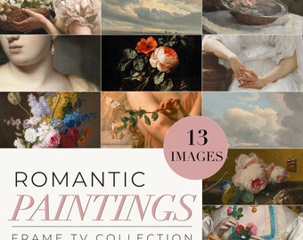May include: A collage of 13 romantic paintings featuring floral arrangements, portraits, and landscapes. The paintings are in a variety of styles, from classical to modern. The collage is titled "Romantic Paintings Frame TV Collection".