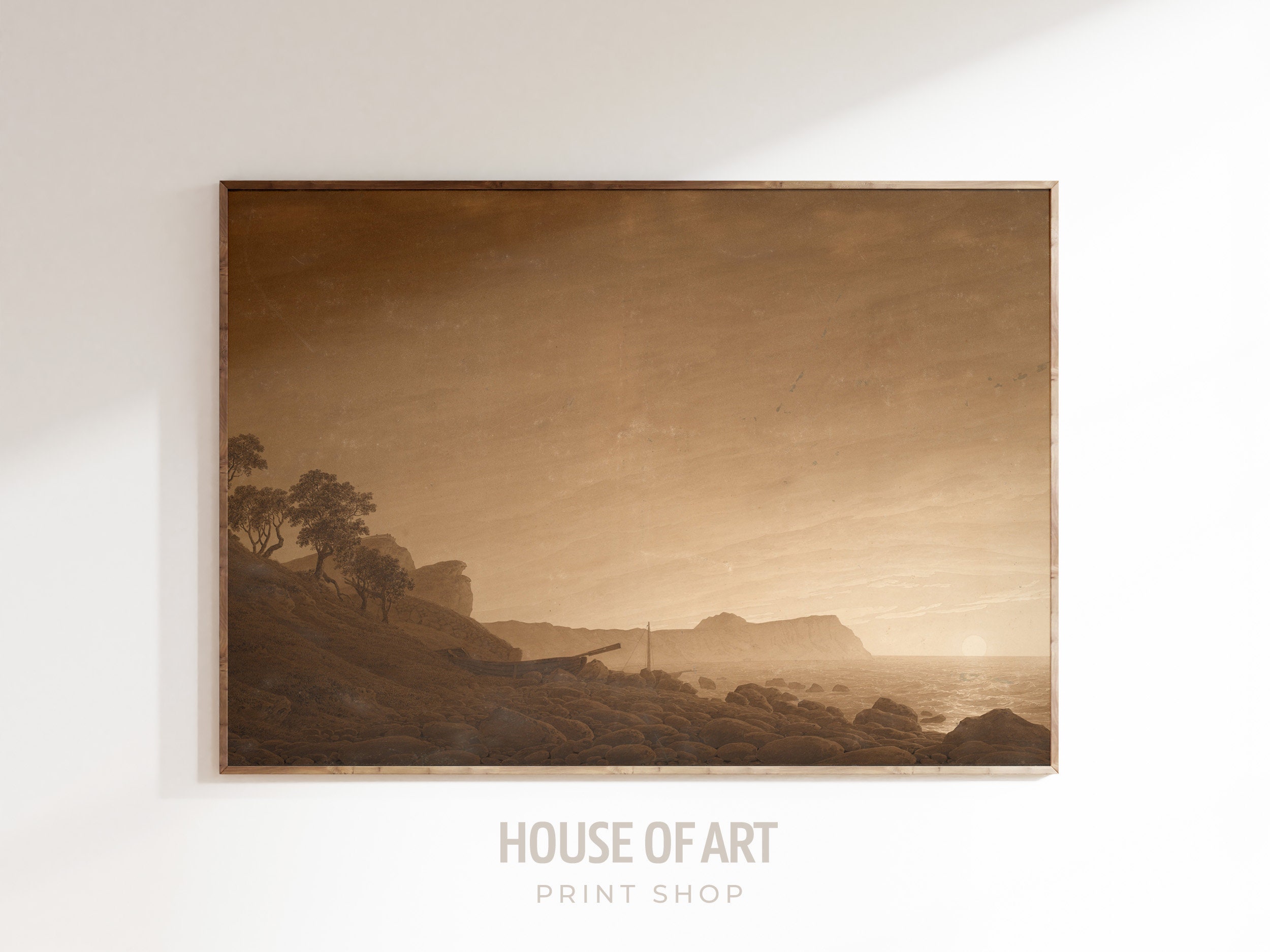 Vintage Moonlight Coast View PRINTABLE Artwork, Rising Moon over Sea Instant Download Digital Print, Warm Tones Seascape Oil Painting