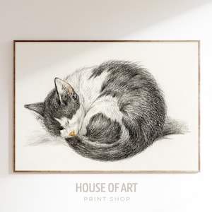 Sleeping Cat Print, Vintage Tabby Cat Wall Art, Cat Wall Decor, Cat Lover Gift, Black White Cats Drawing, Pet Cat Artwork Farmhouse Wall Art