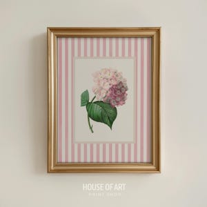 Hydrangea Print, Nancy Meyers Inspired Striped Art, Vintage Floral Poster Country Cottagecore Aesthetic Wall Art, Preppy Pink Coquette Decor