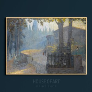 May include: A painting of a misty, rural scene with a stone building in the background. The foreground features a dirt road leading to a stone wall and a wrought iron gate. Two figures are walking along the road.