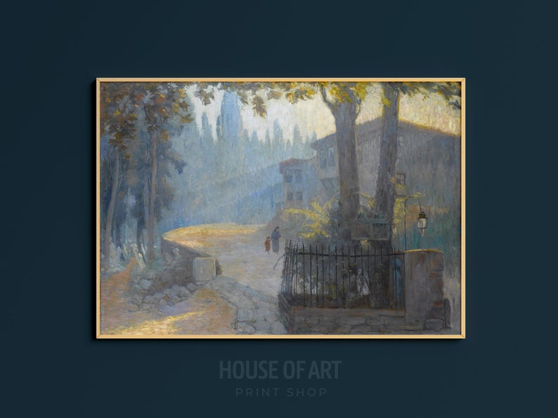 May include: A painting of a misty, rural scene with a stone building in the background. The foreground features a dirt road leading to a stone wall and a wrought iron gate. Two figures are walking along the road.