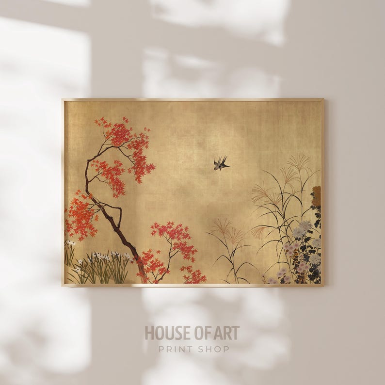 May include: A framed print with a Japanese landscape design on a gold background. It shows a tree with red leaves and a bird in flight. Tall grasses and flowers are also included. The text "HOUSE OF ART PRINT SHOP" is at the bottom of the print.
