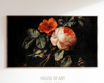 May include: A vintage still life painting featuring a bouquet of pink and orange roses with green leaves against a dark background.