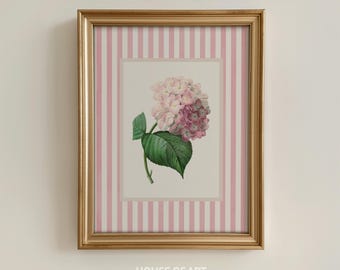 Stampa Giclée di ortensie, arte a righe rosa, poster floreale vintage, arredamento preppy e civettuolo, arte per dormitori femminili, arredamento per appartamenti femminili