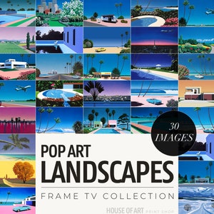 Könnte beinhalten: Eine Collage aus 30 Bildern im Retro-Pop-Art-Stil mit Landschaften, Palmen, Pools und Autos. Der Text "POP ART LANDSCAPES" befindet sich in der Mitte des Bildes. Der Text "FRAME TV COLLECTION" befindet sich unter dem Haupttext. Der Text "HOUSE OF ART PRINT SHOP" befindet sich am unteren Rand des Bildes.