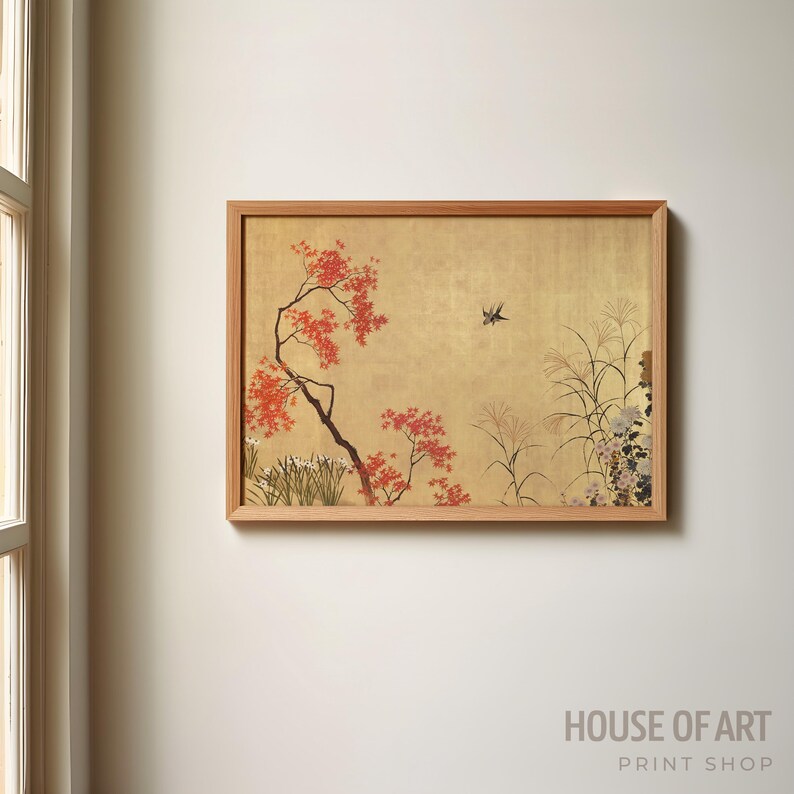 May include: A framed print with a Japanese landscape design, set against a gold backdrop. It shows a tree with red foliage, a flying bird, and tall grasses. The frame is light-coloured wood. The text "HOUSE OF ART PRINT SHOP" is at the bottom of the print.