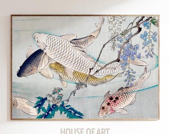 Woodblock Koi Fish Poster, Japanese Wall Art, Retro Aesthetic Room Decor, Chinoiserie Wall Art, Vintage Japandi Decor, Trendy Bathroom Print
