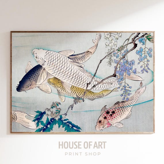 Woodblock Koi Fish Poster, Japanese Wall Art, Retro Aesthetic Room Decor, Chinoiserie Wall Art, Vintage Japandi Decor, Trendy Bathroom Print