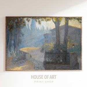 May include: A painting of a street scene with a row of buildings in the distance, trees lining the street, and a couple of figures walking in the foreground. The painting is done in a soft, muted palette of blues, greens, and browns.