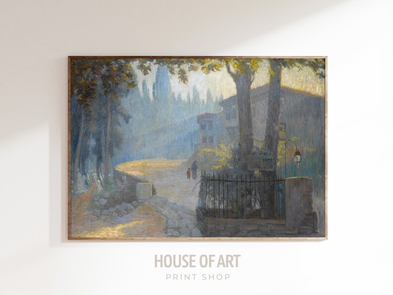 May include: A painting of a street scene with a row of buildings in the distance, trees lining the street, and a couple of figures walking in the foreground. The painting is done in a soft, muted palette of blues, greens, and browns.