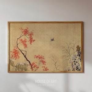 May include: A framed print with a gold background, showcasing a Japanese landscape. It features a red-leafed tree, tall grasses, and a bird in flight. The text "HOUSE OF ART PRINT SHOP" is visible at the bottom of the print.