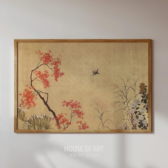 Fall Painting, Japanese Autumn Wall Art, Chinoiserie Art, Vintage Japandi Gold Artwork, Antique Botanical Print, Chic Wabi Sabi Home Decor