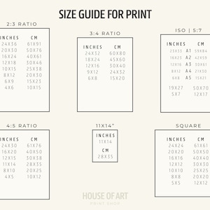 Op de afbeelding: Een maattabel voor prints in inches en centimeters. De tabel bevat verschillende beeldverhoudingen, waaronder 2:3, 3:4, 4:5, 11x14 en vierkant. De tabel bevat ook standaard papierformaten zoals A1, A2, A3, A4 en A5.