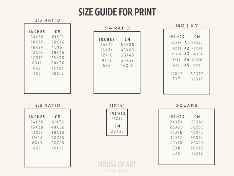Op de afbeelding: Een maattabel voor prints in inches en centimeters. De tabel bevat verschillende beeldverhoudingen, waaronder 2:3, 3:4, 4:5, 11x14 en vierkant. De tabel bevat ook standaard papierformaten zoals A1, A2, A3, A4 en A5.