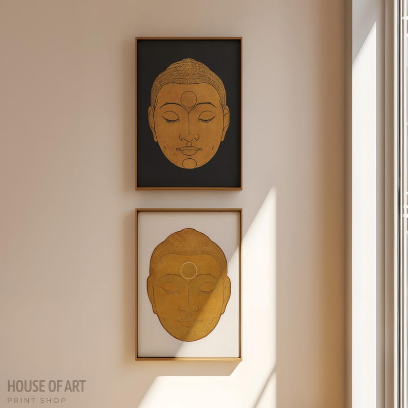 Buddha Wall Art Set, Zen Wall Art, Gold Woodblock Prints, Buddha Painting, Asian Wall Art, Buddha Poster, Yin Yang Art, Yoga Studio Decor image 2
