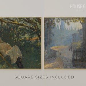 May include: Two paintings in gold frames. The painting on the left shows a woman in a white dress lying on a wooden chair in a garden setting. The painting on the right shows a misty, blue landscape with a path leading to a building in the distance.