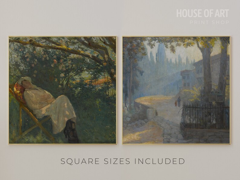 May include: Two paintings in gold frames. The painting on the left shows a woman in a white dress lying on a wooden chair in a garden setting. The painting on the right shows a misty, blue landscape with a path leading to a building in the distance.