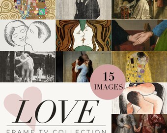 May include: A collage of 15 images depicting various interpretations of love, featuring famous paintings and illustrations. The collage includes a heart shape with the word "LOVE" in bold, black letters. The text "FRAME TV COLLECTION" is below the heart. The text "HOUSE OF ART PRINT SHOP" is at the bottom of the collage.