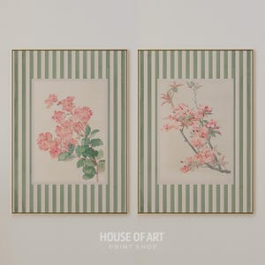 May include: Two framed floral prints. Each print features a botanical illustration of pink flowers and green leaves. The frames have a gold border and are set against a background of vertical green and white stripes. The text "HOUSE OF ART PRINT SHOP" is at the bottom.