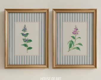 Blumendrucke Nancy Meyers Aesthetic Poster Set, Blau gestreifte Kunst, Vintage Blumenmalerei Country Cottagecore Wandkunst, Preppy Büro Dekor