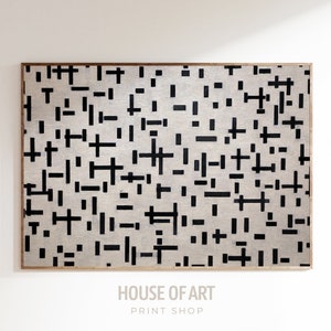 May include: Abstract artwork with a pattern of black geometric shapes on a light grey background, framed in a thin wooden frame. The text "HOUSE OF ART PRINT SHOP" is at the bottom of the print.