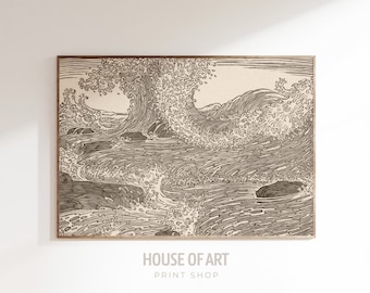 May include: A black and white line art print of a large wave crashing against rocks. The print has a vintage aesthetic and is framed in a simple wooden frame.