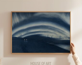 Puede incluir: Una impresión enmarcada con un paisaje abstracto en azul oscuro y blanco. La obra de arte muestra formas arqueadas en capas, posiblemente un cielo nocturno o un efecto atmosférico. La impresión está en un marco de madera marrón claro. El texto "HOUSE OF ART PRINT SHOP" está en la parte inferior.