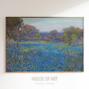 Texas Bluebonnet Malarstwo, Niebieskie Kwiaty Dzikiej Przynęty Druk, Bluebonnets Wall Art, Texas Gift, Texas Landscape Blue Bonnet Art, Vintage Farmhouse Decor