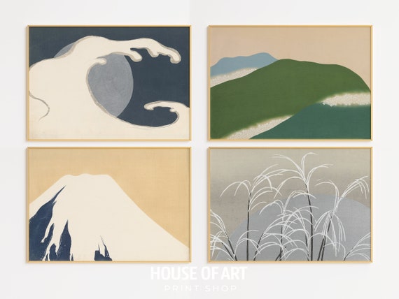 Japanese Minimal Wall Art Set, Kamisaka Sekka Woodblock Print Momoyogusa, Retro Japanese Landscape Print, Vintage Digital Print Japan Gifts