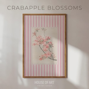 May include: A framed print featuring a floral illustration of crabapple blossoms. The artwork is set against a background of pink and white vertical stripes, with the text "CRABAPPLE BLOSSOMS" at the top and "HOUSE OF ART PRINT SHOP" at the bottom.
