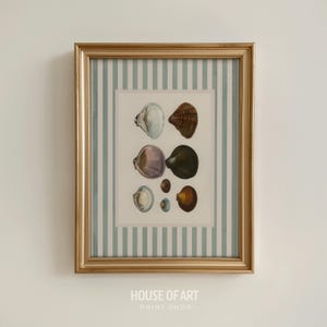 May include: A framed print displaying a selection of seashells in diverse forms and hues. The artwork is set against a striped backdrop of white and pale blue, enclosed within a gold-toned frame. The print originates from the "HOUSE OF ART PRINT SHOP".