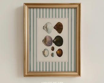 Oyster Print, Coastal Cowgirl Giclée Print, Nancy Meyers Blue Striped Wall Art, Vintage Shells Poster, Old Money Aesthetic Cottage Decor